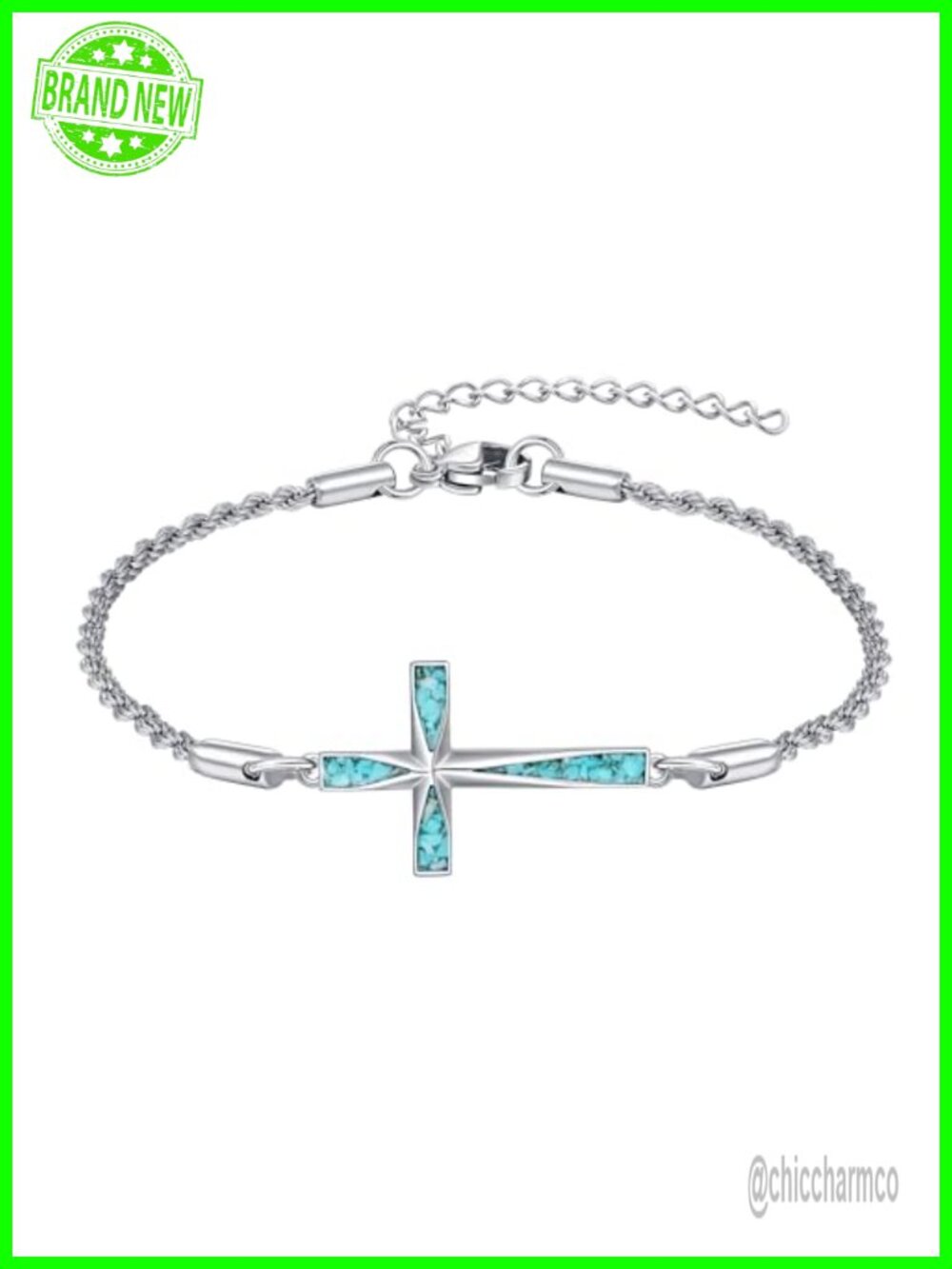 925 Sterling Silver Cross Bracelet Turquoise Origami Link Religious Gift